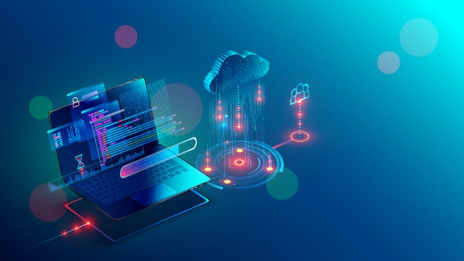 laptop connection on cloud storage for collaboration work with remote team. Cooperation work via internet and work with project in shared access. Isometric infographic concept