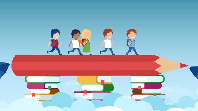 Vector of a pencil on book stacks bridging the gap in primary education for children passing by