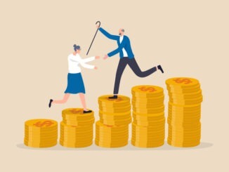 Retirement saving or investment pension fund, planning for wealth and expense for living after retire concept, happy rich elderly couple old man and woman walking on stack of growth money coins saving