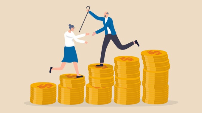 Retirement saving or investment pension fund, planning for wealth and expense for living after retire concept, happy rich elderly couple old man and woman walking on stack of growth money coins saving