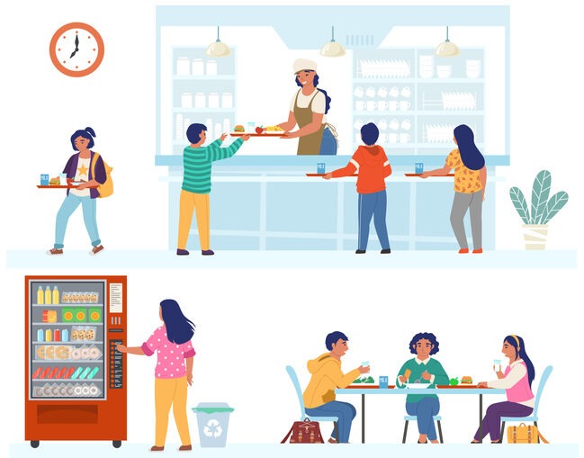 School canteen scene set, flat vector isolated illustration. School children having lunch sitting at table, staying in line, carrying tray with meal, buying snacks from food vending machine.