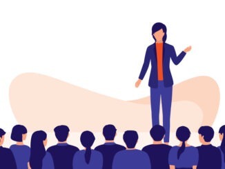 Businesswoman Standing On Stage. Conference Concept. Vector Flat Cartoon Illustration.