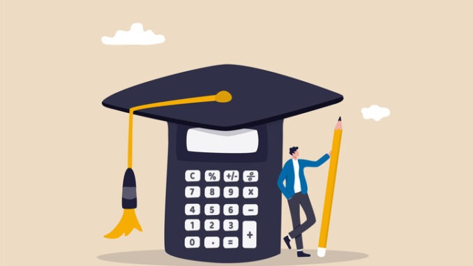 education budget allocation student standing with mortar board hat calculator.