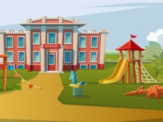 Vector cartoon style illustration. School building with kids play area infront