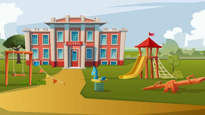 Vector cartoon style illustration. School building with kids play area infront