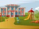 Vector cartoon style illustration. School building with kids play area infront