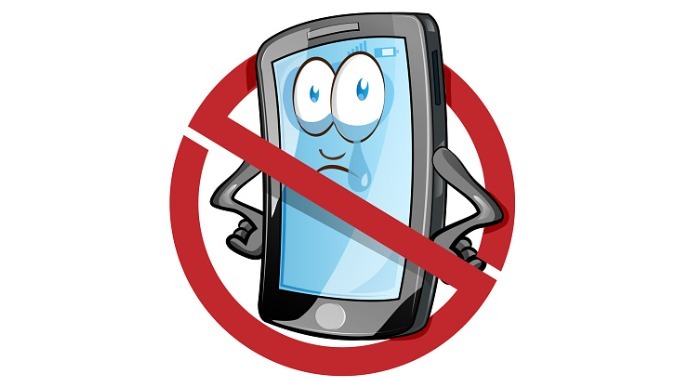 Mobile cell phone in cartoon vector style inside red banned icon