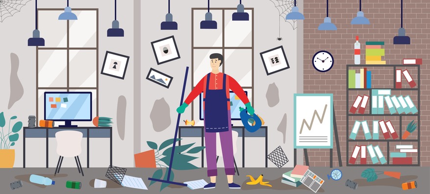 employee ready to clean against background of dirty messy office room.