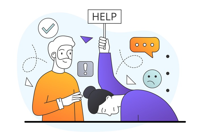Tired, sad woman asks for help, man comforts and encourages her. Help with overwork