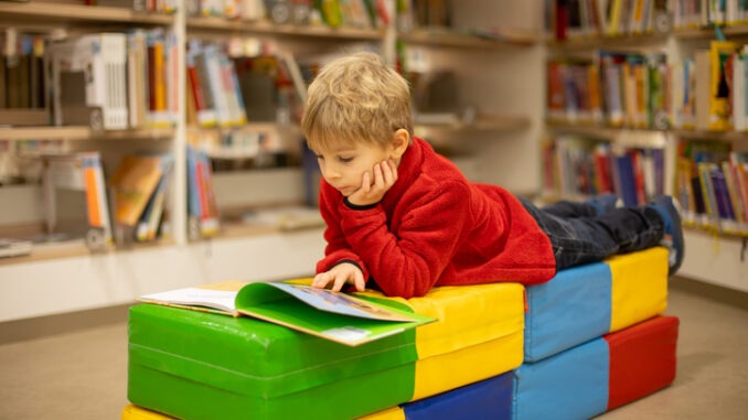 Adorable little boy, sitting in library, reading book and choosing what to lend, kid in book store