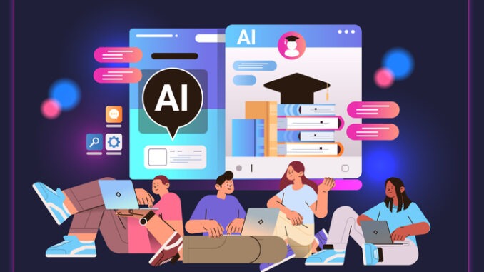 students learning online in computer app with ai helper bot 