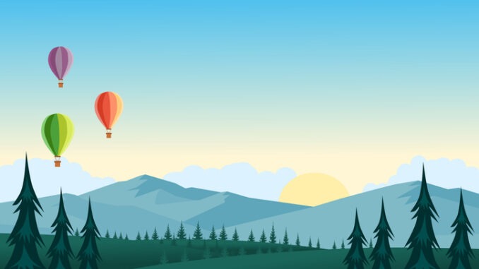 Colorful hot air balloons flying over mountain landscape