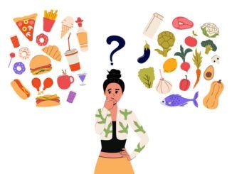 Thoughts on fresh food and junk food. Vector illustration. Diet. Concept of fresh organic and balanced food