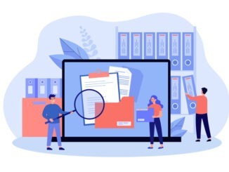 People taking documents from shelves, using magnifying glass and searching files in electronic database. Vector illustration for archive, information storage concept