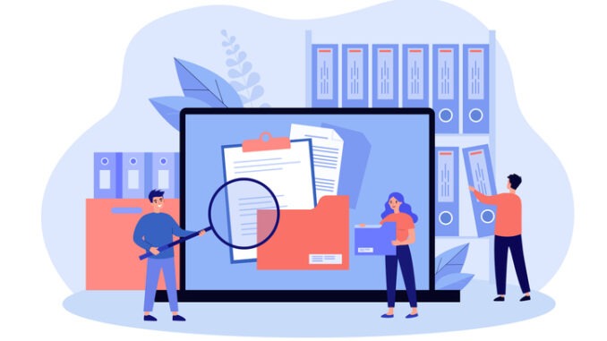 People taking documents from shelves, using magnifying glass and searching files in electronic database. Vector illustration for archive, information storage concept