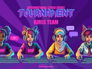 Diverse team of girls gamer or streamer with cat ears headset sits in front of a computer