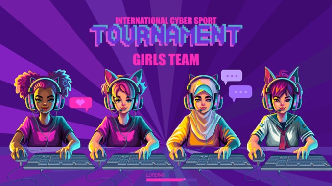 Diverse team of girls gamer or streamer with cat ears headset sits in front of a computer