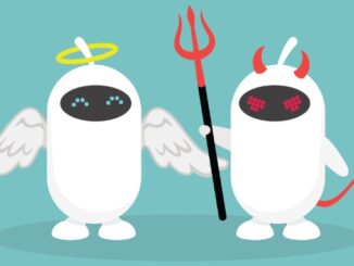 A pair of white robots dressed like an angel and a devil