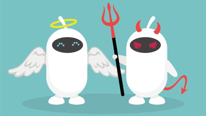  A pair of white robots dressed like an angel and a devil 