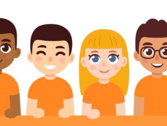 Cute cartoon group of children wearing Orange Shirt Day t-shirts