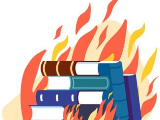 Textbooks burning in flame. Censored literature. Education destruction. Damaged knowledge