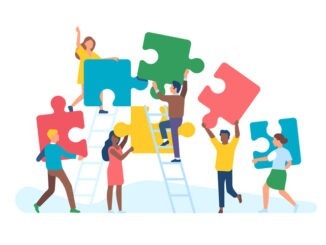 Tiny people with puzzle. Men and women collect large color puzzle pieces, office teamwork, work optimization, common affair, business teambuilding,