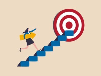 Business progress or career path, step to reach target or business goal, success step or motivation for improvement concept, confidence businesswoman carrying arrow walk up stair to reach target.