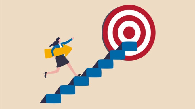 Business progress or career path, step to reach target or business goal, success step or motivation for improvement concept, confidence businesswoman carrying arrow walk up stair to reach target.