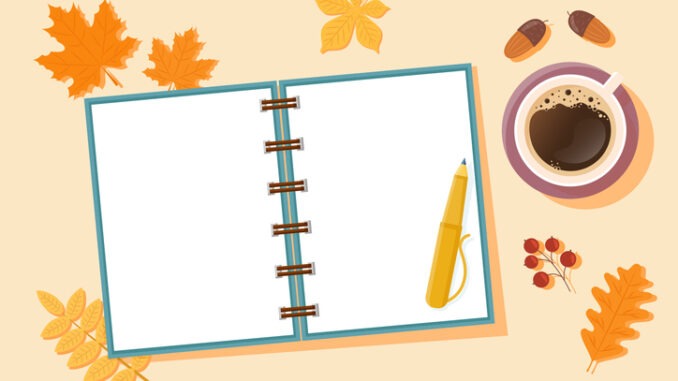 Autumn background with open empty pages of notebook, 