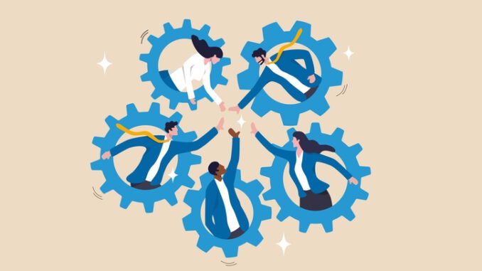 Team working together, teamwork, organization or employee collaboration for success, community or meeting agreement, cooperation concept, businessman woman, people on gear cogwheel working together.