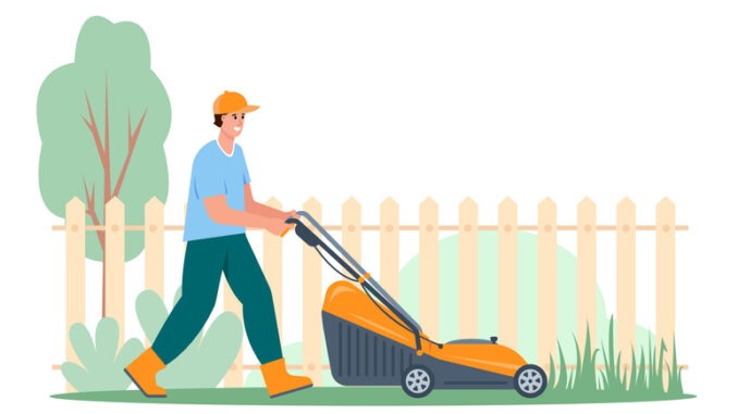 Young man mowing grass with lawnmower in garden. Gardening concept. Flat vector illustration on white background.