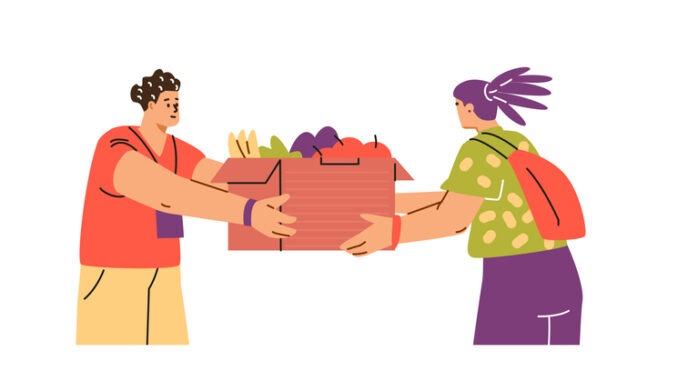  illustration of a food exchange, which shows a box of fruits and vegetables. The couple shares food as part of a joint action, emphasizing support