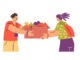 illustration of a food exchange, which shows a box of fruits and vegetables. The couple shares food as part of a joint action, emphasizing support