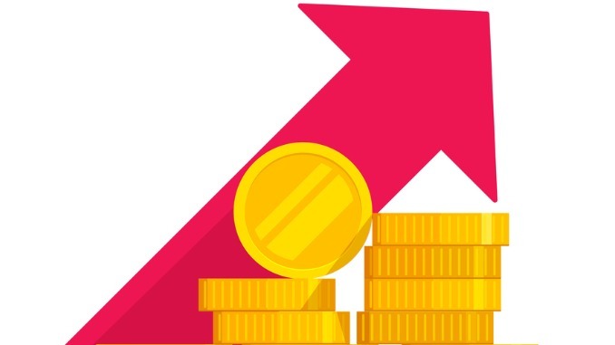 coins pile with revenue graph, concept of income increase or earnings, financial boost chart