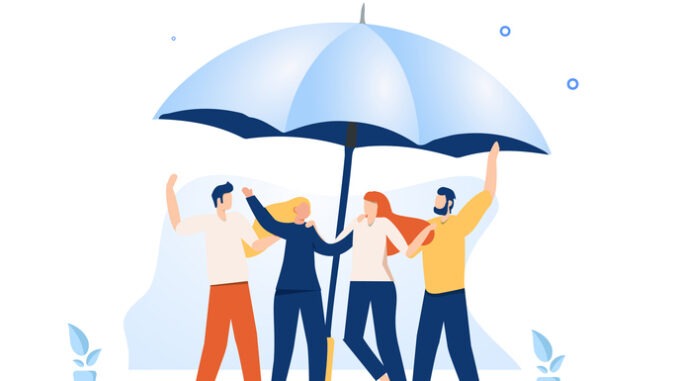 support each other concept, people stand under umbrella under protection.