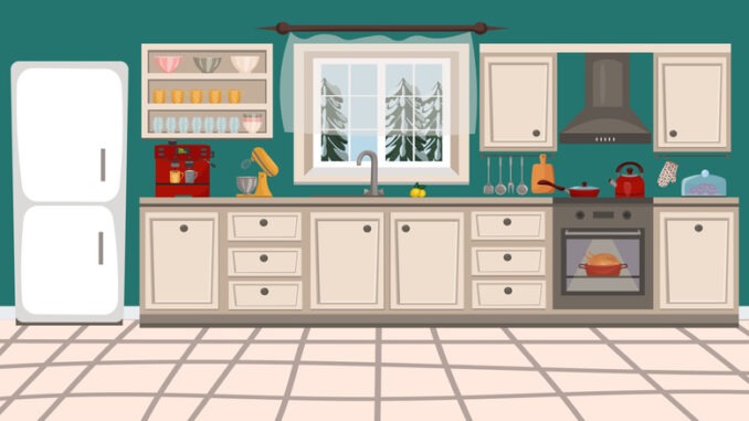 Kitchen interior with furniture, kitchen stove, kitchen utensils and household appliances.