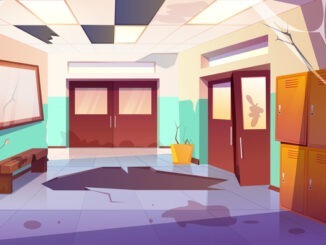 dirty school hallway interior with broken lockers