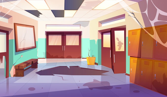 dirty school hallway interior with broken lockers