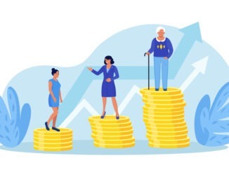 Retirement savings plan, financial investment growth. Pension management. Teenager, businesswoman, pensioner grandmother standing on stacks of gold coins money.