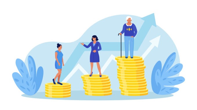 Retirement savings plan, financial investment growth. Pension management. Teenager, businesswoman, pensioner grandmother standing on stacks of gold coins money. 