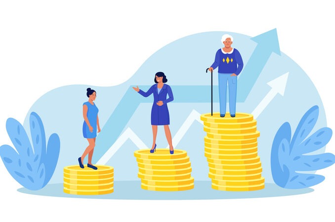 Retirement savings plan, financial investment growth. Pension management. Teenager, businesswoman, pensioner grandmother standing on stacks of gold coins money.