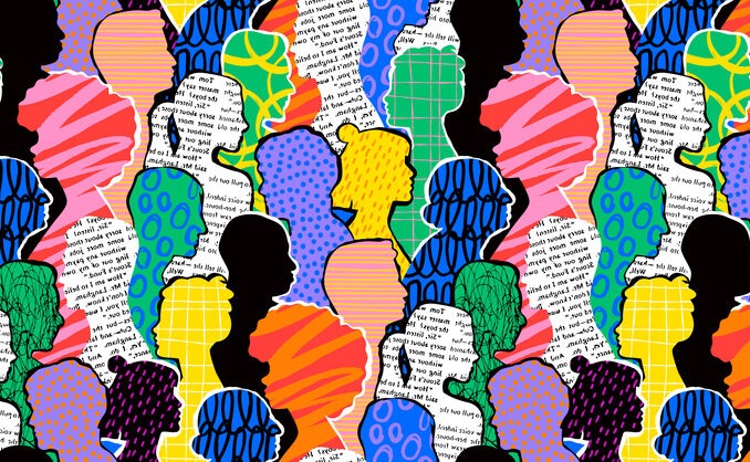 Colorful diverse people crowd abstract art seamless pattern.