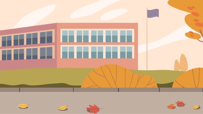 Illustration Of A School Building Surrounded By Autumn Foliage With Fallen Leaves On The Ground.