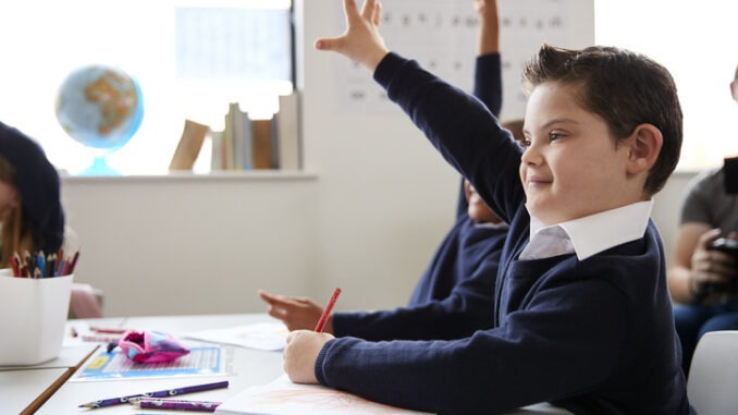 Schoolboy with Down syndrome sitting at a desk raising his hand in a primary school class, close up, side view