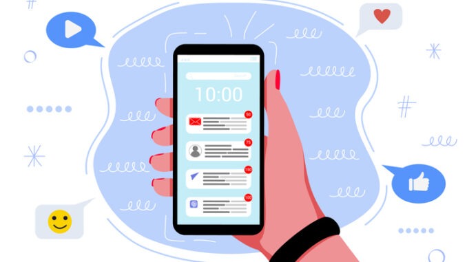 Many notifications in the mobile phone Online distractions chaos messages