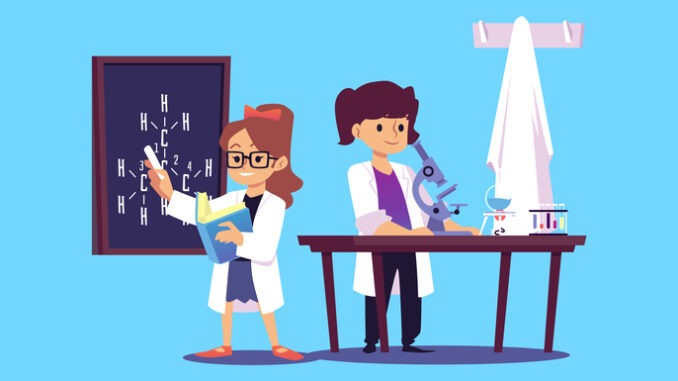 Chemical children experiment, scientific knowledge or lesson. Little students with laboratory tools, 