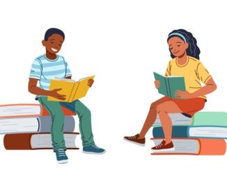 Girl and boy read sitting on stack of books