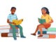 Girl and boy read sitting on stack of books