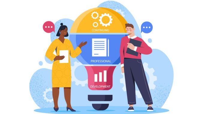 Continuing professional development. Man and woman near huge light bulb. Teamwork and partnership. Organizing efficient work process. Flat vector illustration