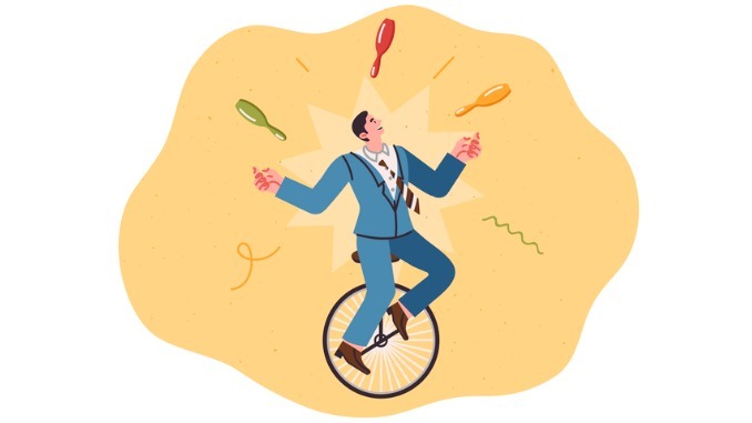 Business man with multitasking skills rides unicycle and juggles pins at same time 
